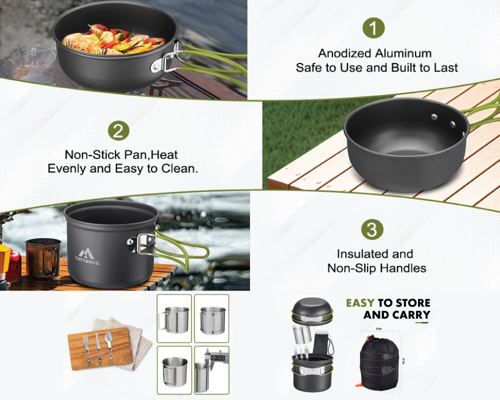 A multi-panel image showcasing a "THTYBROS" camping cookware set. It highlights features such as anodized aluminum construction for safety and durability, a non-stick pan for even heating and easy cleaning, and insulated, non-slip handles. The set is shown in use with food, on a wooden table, nested for storage with included mugs and utensils, and packed in a mesh bag for easy carrying.