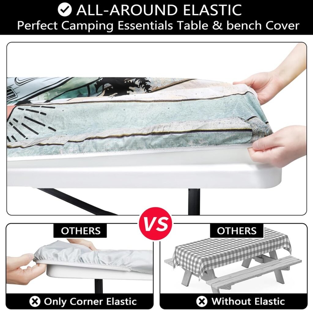 A comparison image demonstrating the superior fit of an all-around elastic portable picnic table cover. The top panel shows hands stretching a patterned cover with full elastic around the edge of a white table. The bottom left panel labeled OTHERS shows a hand pulling a cover with Only Corner Elastic on a table. The bottom right panel labeled OTHERS shows a picnic table with a loosely draped checkered tablecloth and states Without Elastic. The main title reads ALL-AROUND ELASTIC Perfect Camping Essentials Table & bench Cover.