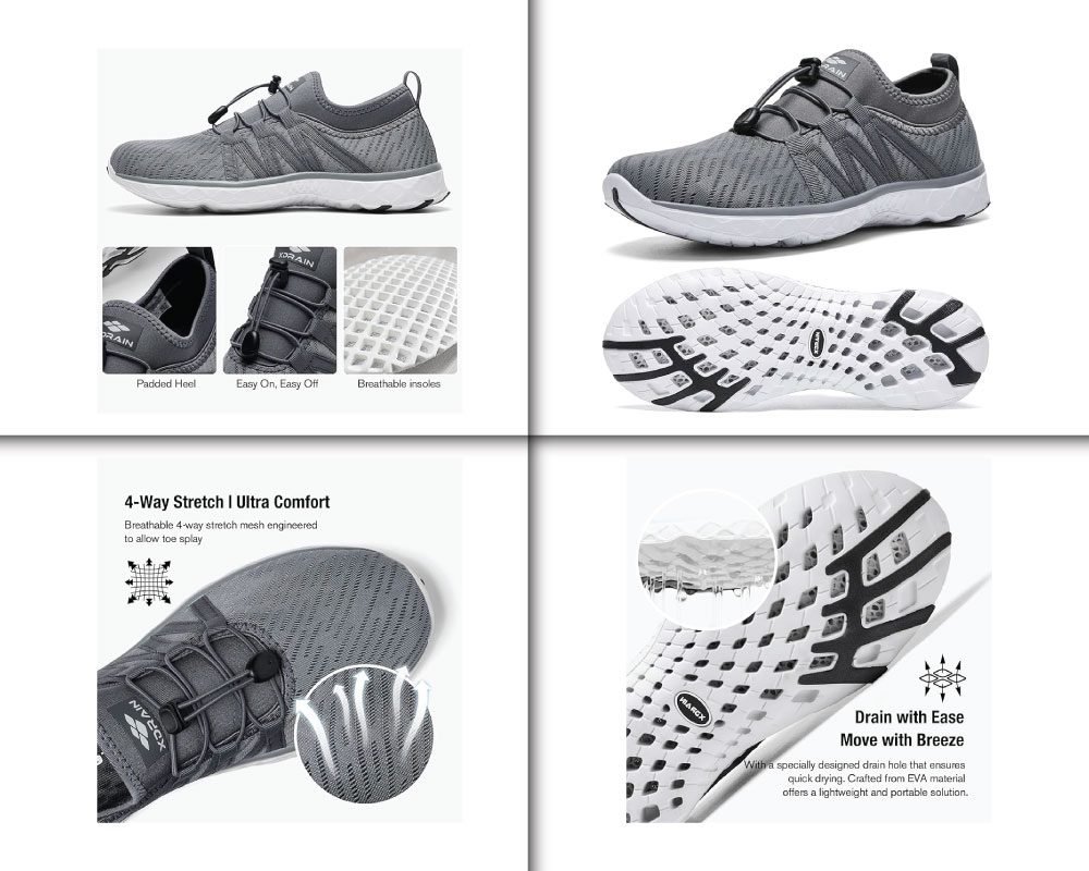 A top-down and side view of a grey water shoe with "X-DRAIN" and "LEADER" branding, highlighting its patterned mesh upper, elastic laces, and segmented white outsole with black accents.