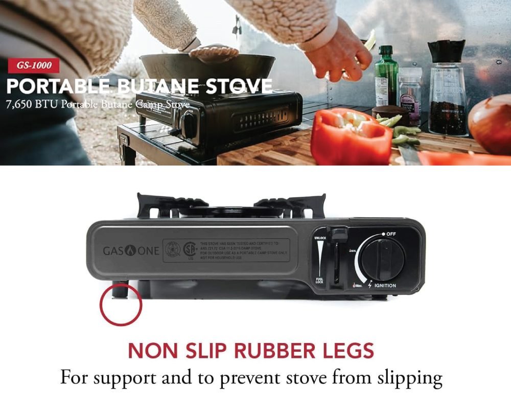 A GS-1000 portable butane stove by Gas One, shown both in an outdoor cooking setting with a person preparing food and as a standalone product. The image highlights its 7,650 BTU output and features non-slip rubber legs for stability.