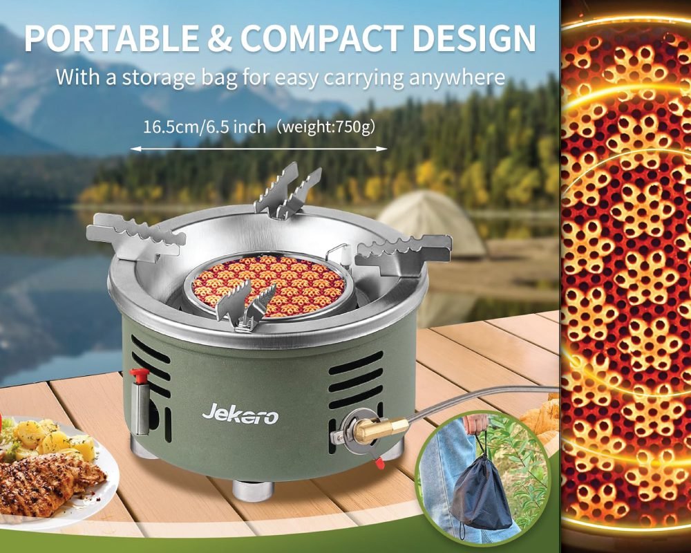 A Jekaro portable and compact camping stove in olive green, weighing 750g and measuring 16.5cm/6.5 inches. It's shown on a wooden table with cooked food, against a scenic lake and mountain background with a tent. The image highlights its portability with an example of it being carried in a storage bag, and a glowing heat pattern on the right side.
