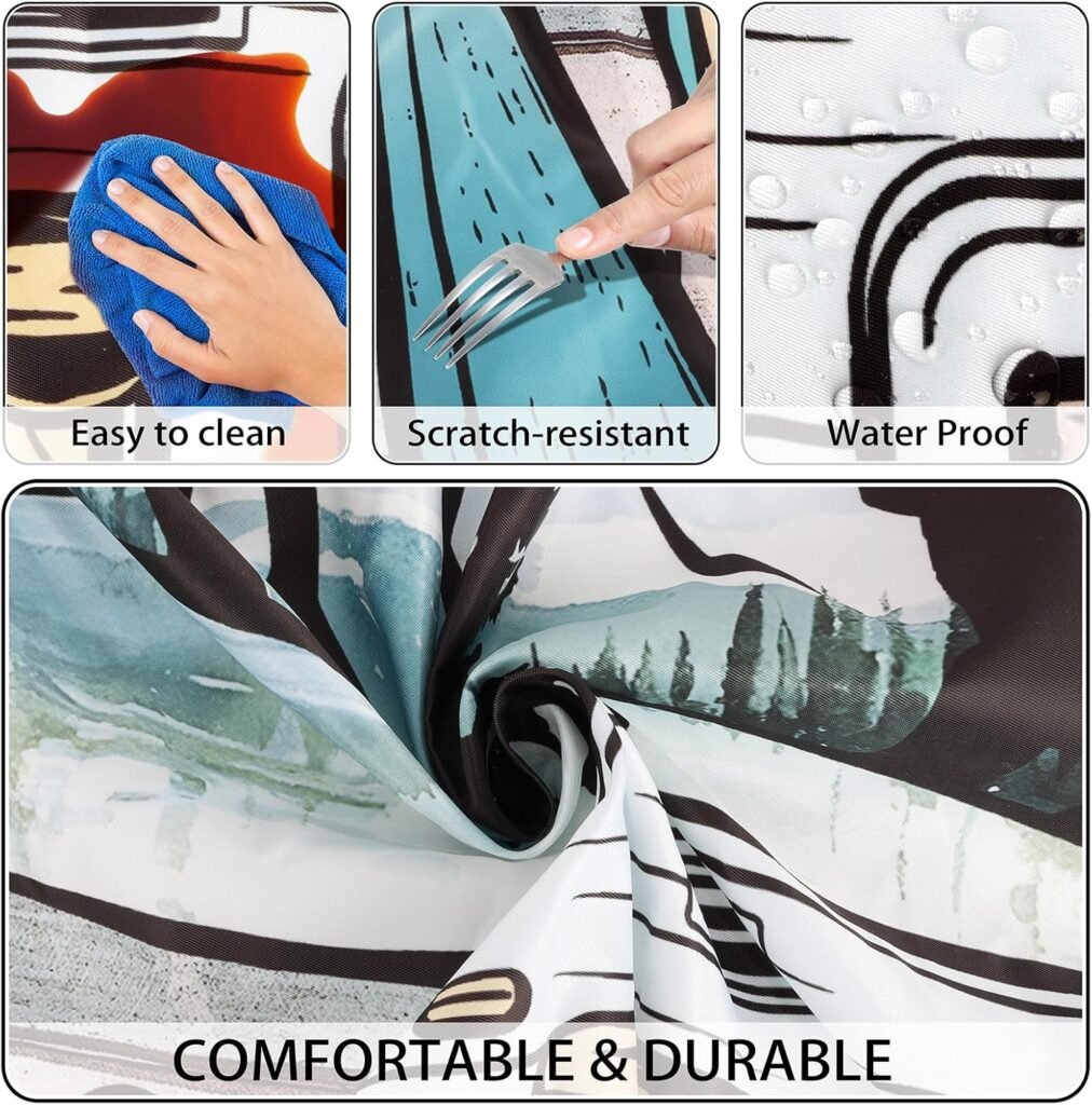 A close-up shows hands fitting an ALL-AROUND ELASTIC portable picnic table cover with a scenic design onto a white table. Below, two comparison images illustrate OTHERS with Only Corner Elastic and Without Elastic on a picnic table, highlighting the superior fit of the all-around elastic feature.