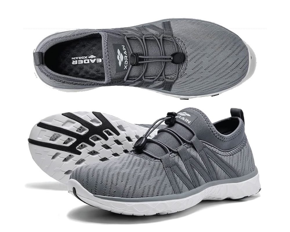 A multi-panel image detailing the features of a grey X-Drain water shoe, including engineered mesh for breathability, free adjustment laces, a water drain outsole for quick drying and flexibility, and a shoes back strap for easy hanging.