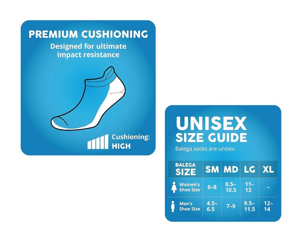 A Balega sock graphic illustrating "PREMIUM CUSHIONING" with high impact resistance, next to a "UNISEX SIZE GUIDE" chart for Balega socks, showing sizes SM, MD, LG, XL for Women's shoe sizes (6-13) and Men's shoe sizes (4.5-14).