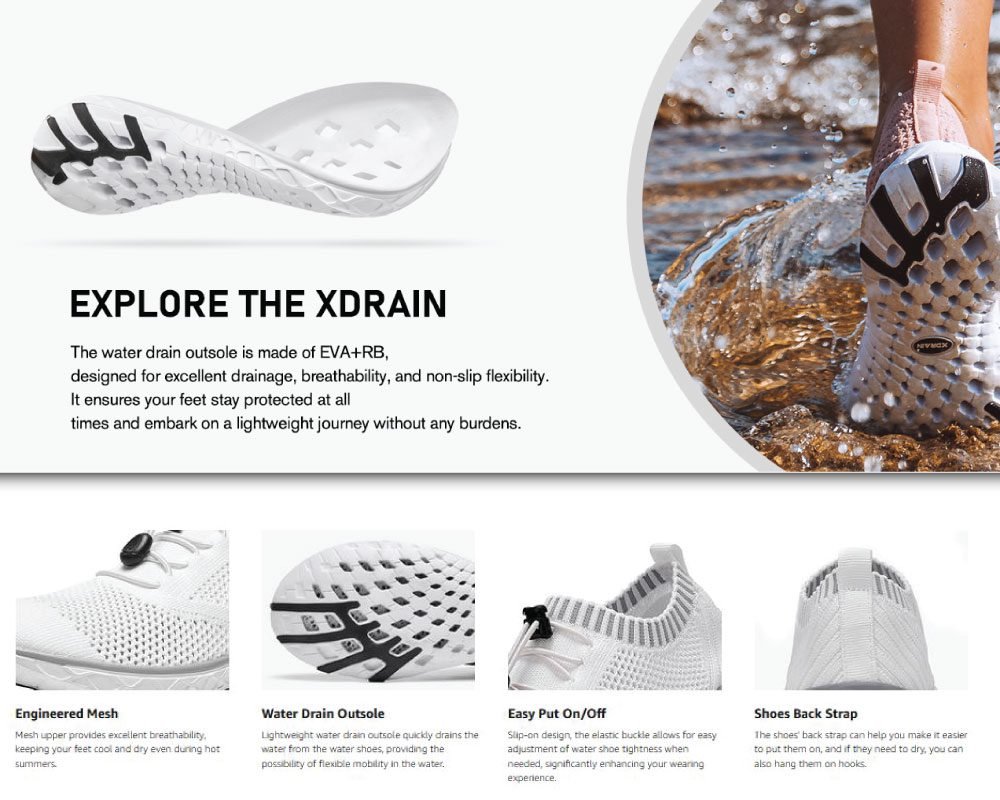 A white water shoe with a black and white "X-Drain" outsole featuring excellent drainage, breathability, and non-slip flexibility, alongside close-ups of its engineered mesh upper, water drain outsole, easy put-on/off buckle, and shoes back strap.