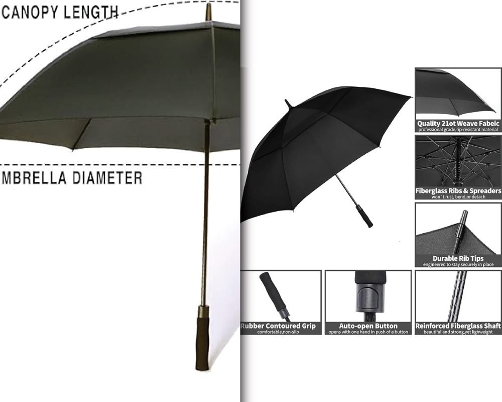 A collage of three images shows a detailed breakdown of a black golf umbrella's features, a gray umbrella on a scenic golf course, and a golf bag next to a lake and mountains.