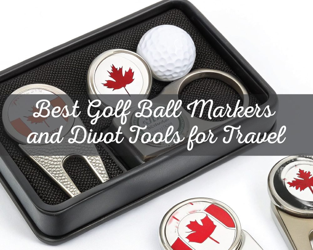 A black gift box containing golf ball markers featuring the Canadian maple leaf, divot tools, and a golf ball, with the text Best Golf Ball Markers and Divot Tools for Travel overlaid.