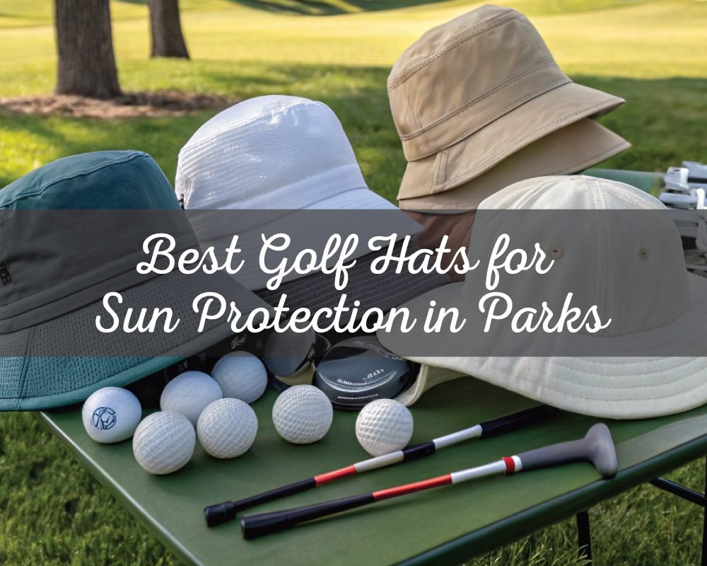 A collection of various golf hats, including a white mesh hat, a khaki bucket hat, and a gray sun hat, displayed on a table with golf balls and alignment sticks, perfect for Best Golf Hats for Sun Protection in Parks.