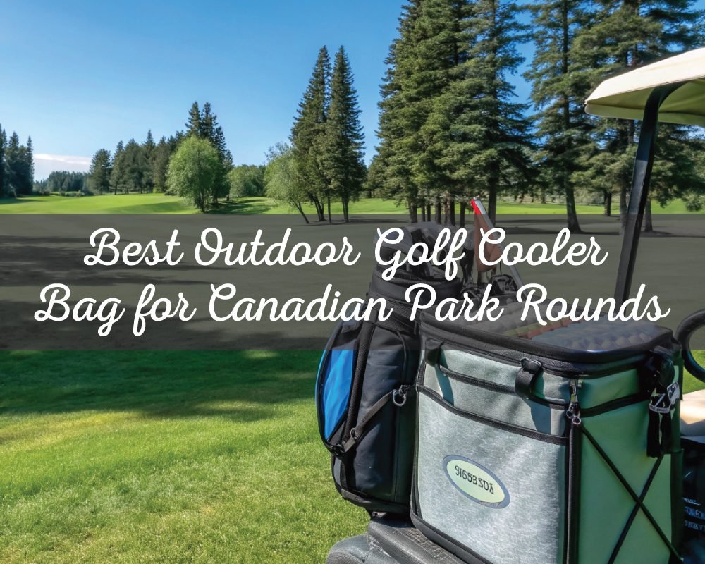 A golf cart with a cooler bag and another golf bag, parked on a lush green fairway with pine trees under a clear blue sky, illustrating Best Outdoor Golf Cooler Bag for Canadian Park Rounds.