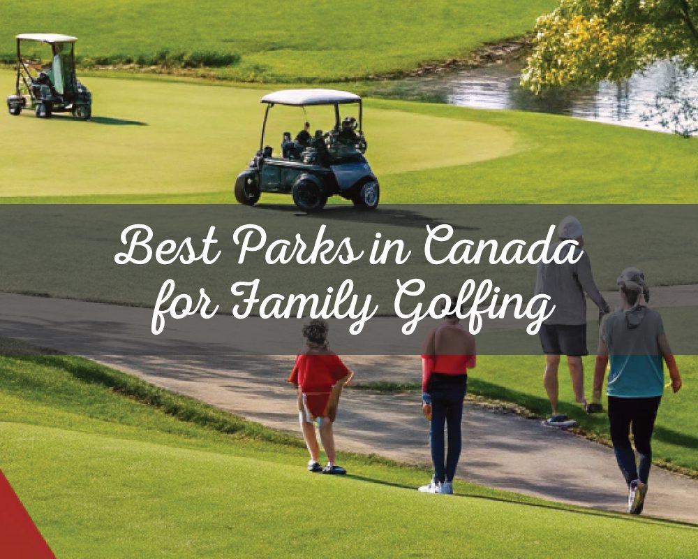 A family including two adults and two children walking on a golf path near a golf cart and a water hazard, representing a fun day of Parks in Canada for Family Golfing