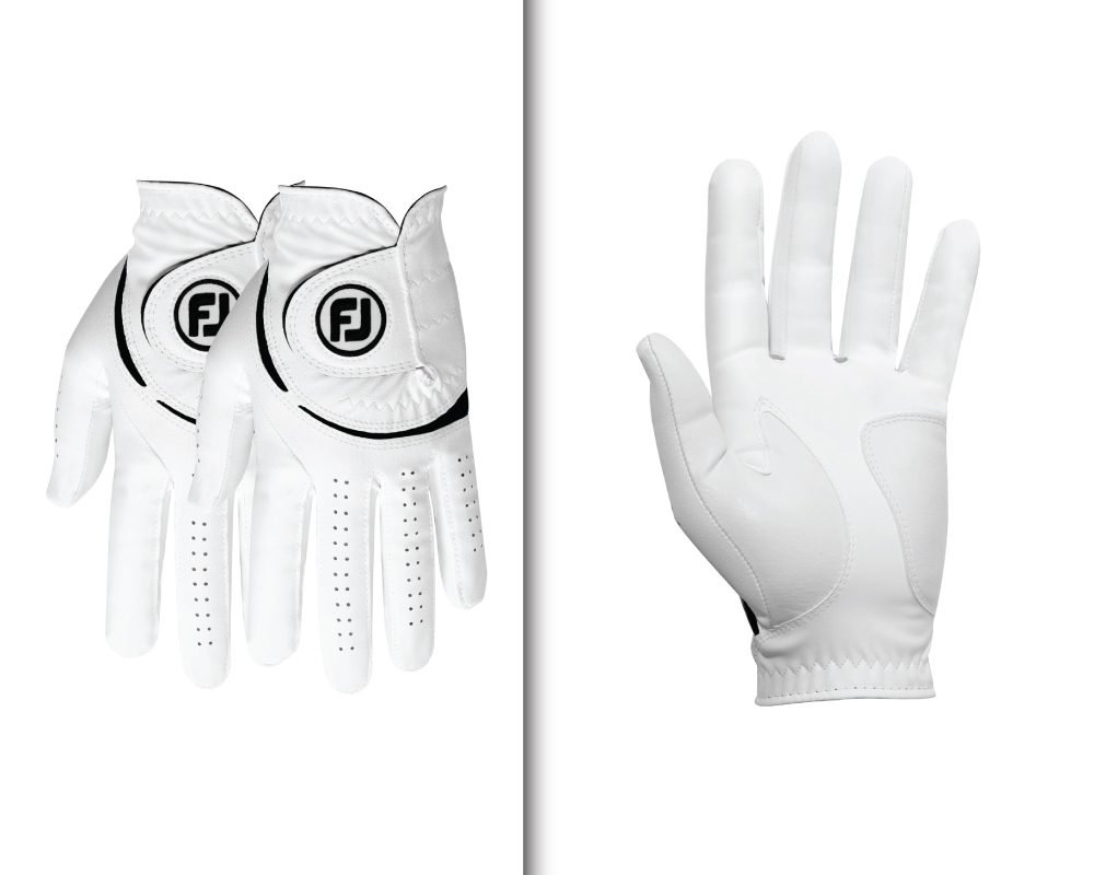  A split image showing a pair of white FootJoy golf gloves from the top and a single glove from the palm side, highlighting the design and texture of the Best Waterproof Golf Gloves.