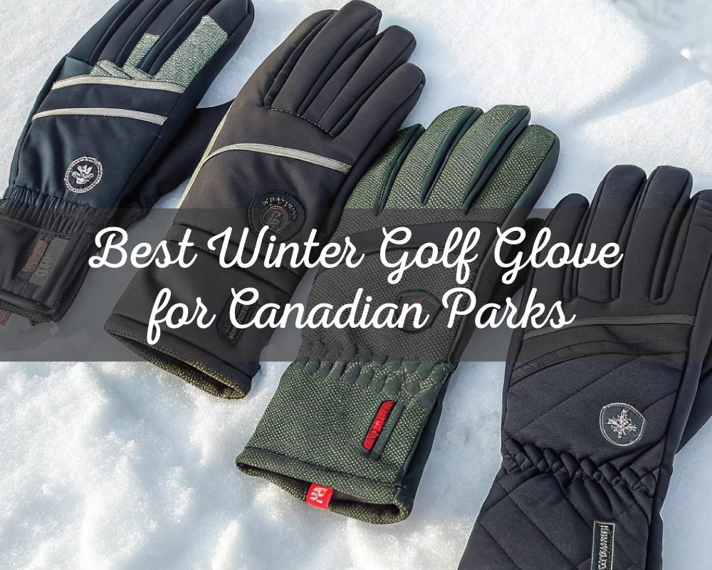 A high-angle shot of four different pairs of winter golf gloves laid out on a snowy surface, perfect for use with a golf towel in Canada.