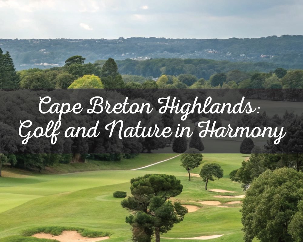 Scenic view of a lush green golf course with bunkers and trees, set against a backdrop of a mountain range under a cloudy sky.