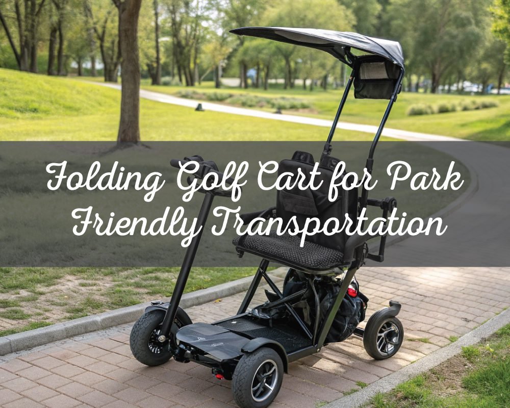 A compact black folding golf cart with a canopy, parked on a paved path in a grassy park, ideal as a Folding Golf Cart for Park transportation.