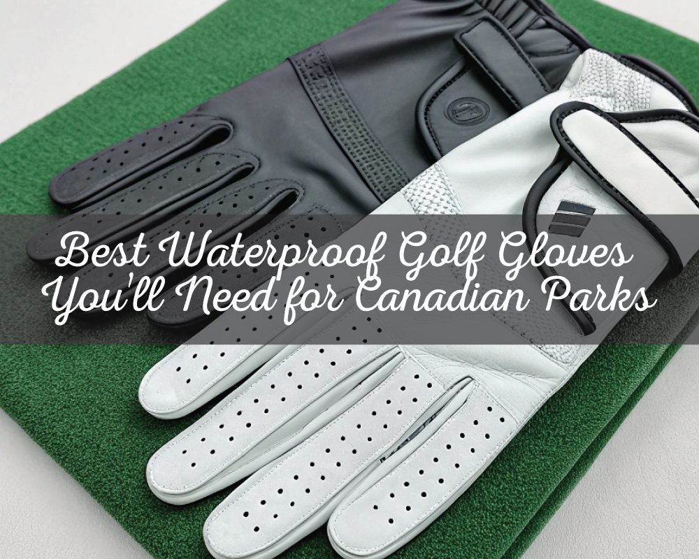A pair of black and white perforated golf gloves are shown on a green towel. The image is overlaid with the text Best Waterproof Golf Gloves You'll Need for Canadian Parks, referencing the FootJoy Men's WeatherSof 2-Pack Golf Glove as an ideal choice for wet conditions.