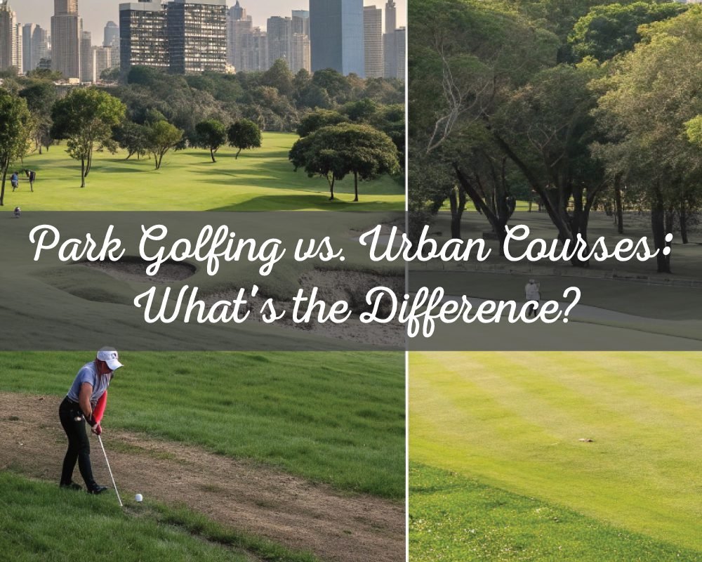 A four-panel image contrasting park golf and urban golf. The top left shows an urban golf course with a city skyline, the top right park golfing and urban courses surrounded by trees, the bottom left shows a golfer on a course, and the bottom right shows a putting green.