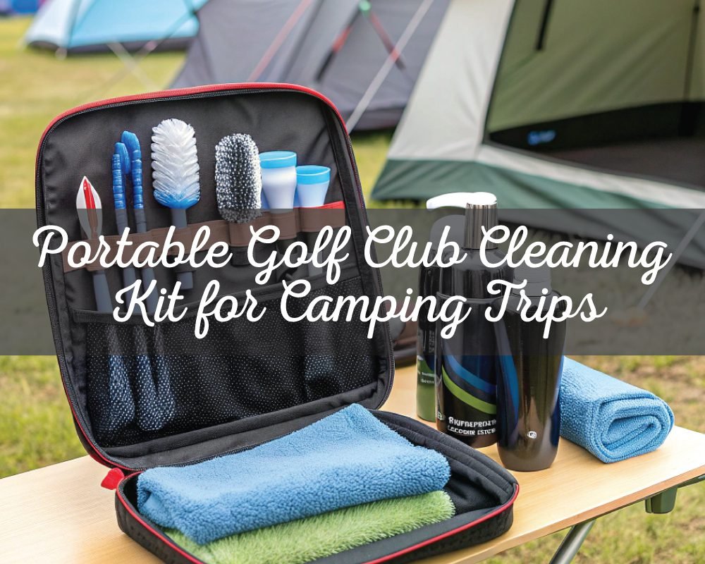 An open, portable golf club cleaning kit with brushes, towels, and cleaning solution, set up on a table outside with camping tents in the background.
