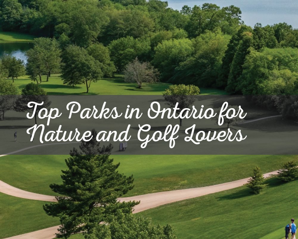 An aerial view of a scenic golf course with a paved path, surrounded by a lush green forest and a lake in the background, representing the Top Parks in Ontario for Nature and Golf Lovers.