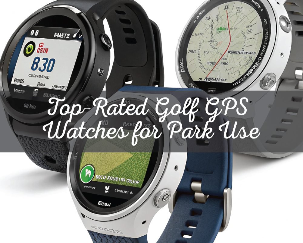 A person wearing a golf GPS watch with a compass and a map of a golf course, with the text Top-Rated Golf GPS Watches for Park Use overlaid.
