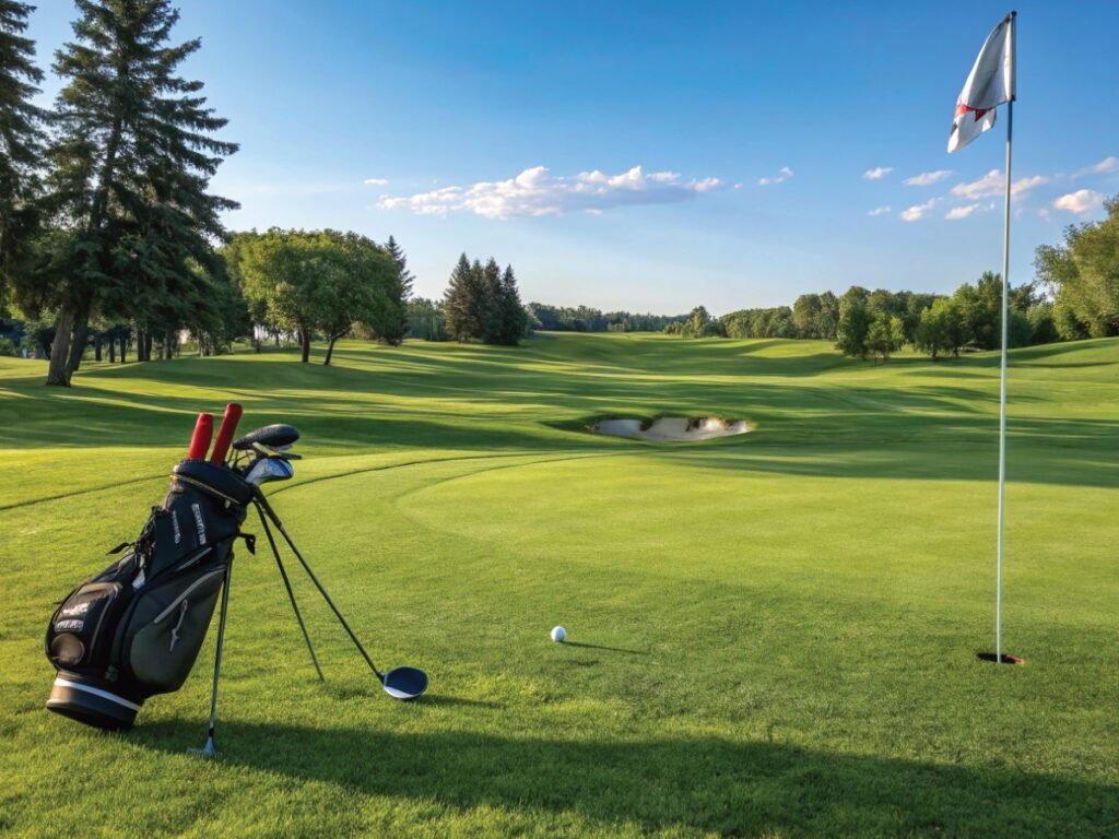 A pristine golf green with a white flag and a golf ball in the foreground, with a lush fairway, bunkers, and a dense forest in the background.