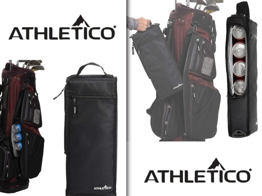 An image collage showcasing the Athletico brand golf cooler bag, demonstrating how the insulated sleeve fits discreetly inside a golf bag to hold beverages.