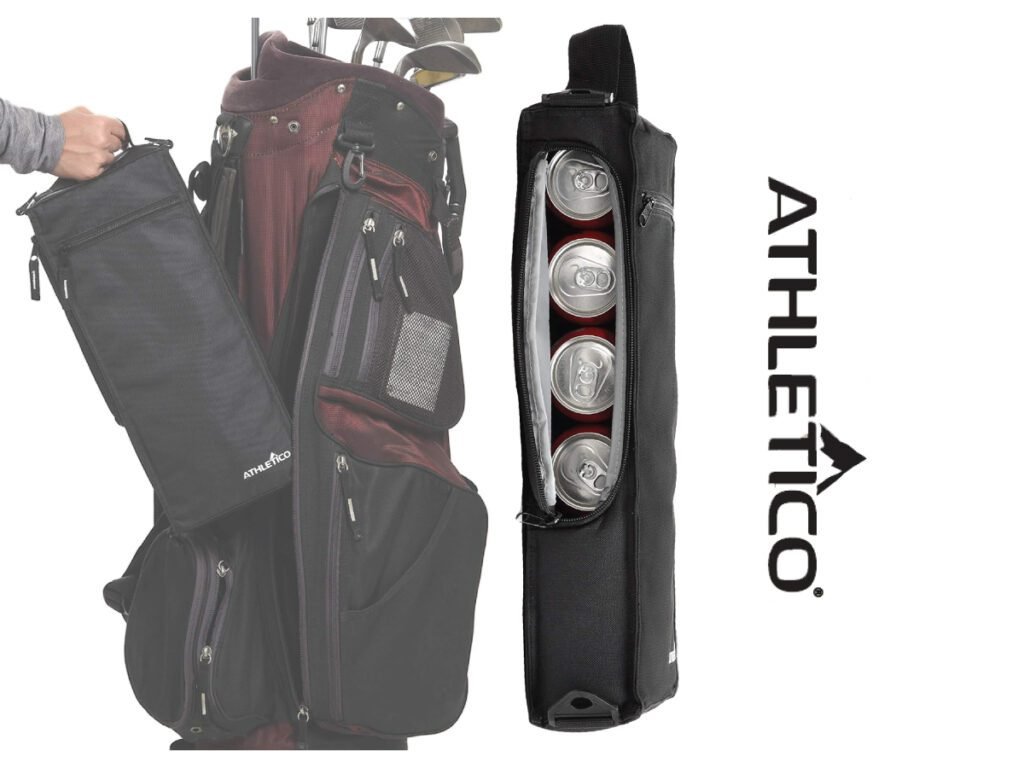  An image showing an Athletico insulated golf cooler bag being inserted into a golf bag, with a separate view of the cooler bag filled with several canned drinks.