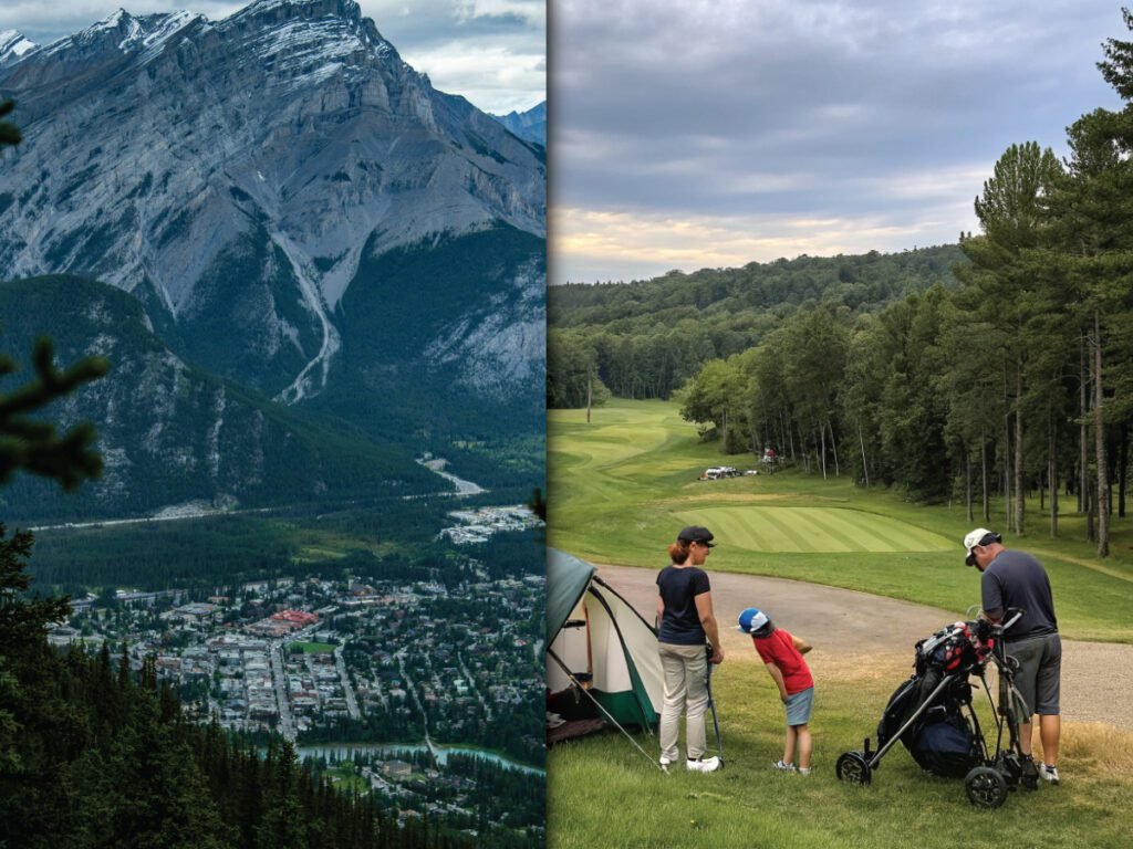 A two-panel image showing the scenic beauty of Banff National Park. The left panel shows a view of the town of Banff nestled below a large mountain, and the right panel shows a family with a tent and golf clubs near a golf course.