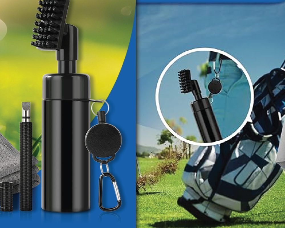 A portable golf club cleaning kit featuring a brush with a water reservoir and a groove cleaner, attached to a retractable carabiner clip.