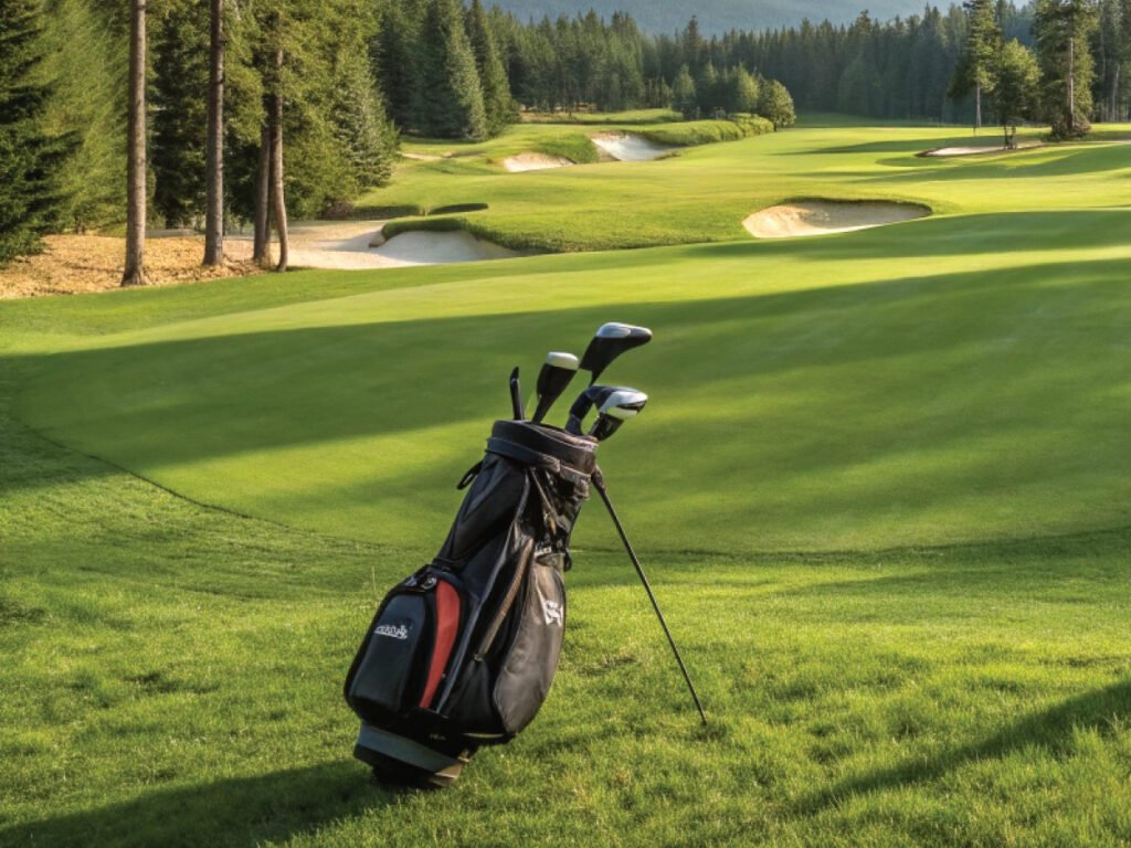 A golf bag with clubs stands on a lush green fairway with sand bunkers and pine trees in the background on a sunny day.