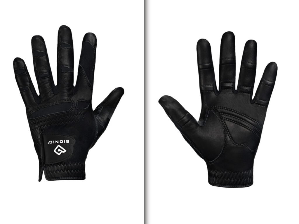 Two views of a black Bionic StableGrip golf glove for men, showing the front with the logo and the palm side. A perfect winter golf glove option.