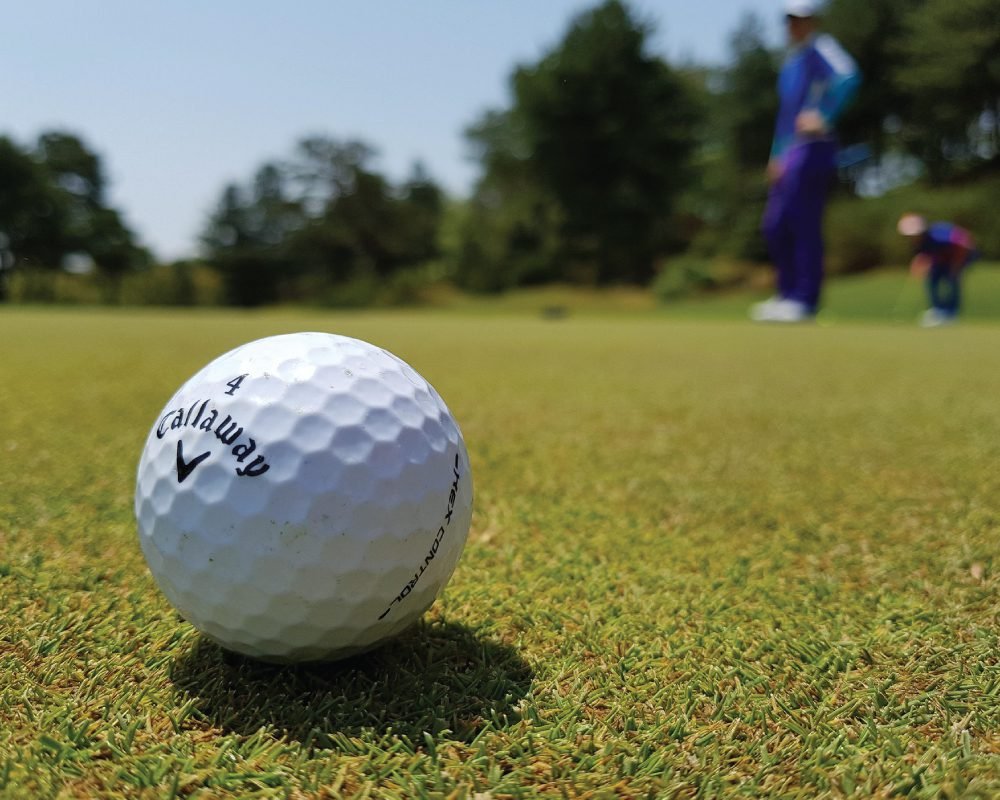  A collage of two golf-related images. The first shows a scenic provincial park golf course with golfers on the fairway. The second is a close-up of a Callaway golf ball on the green, highlighting the detail of the game within a beautiful setting.
