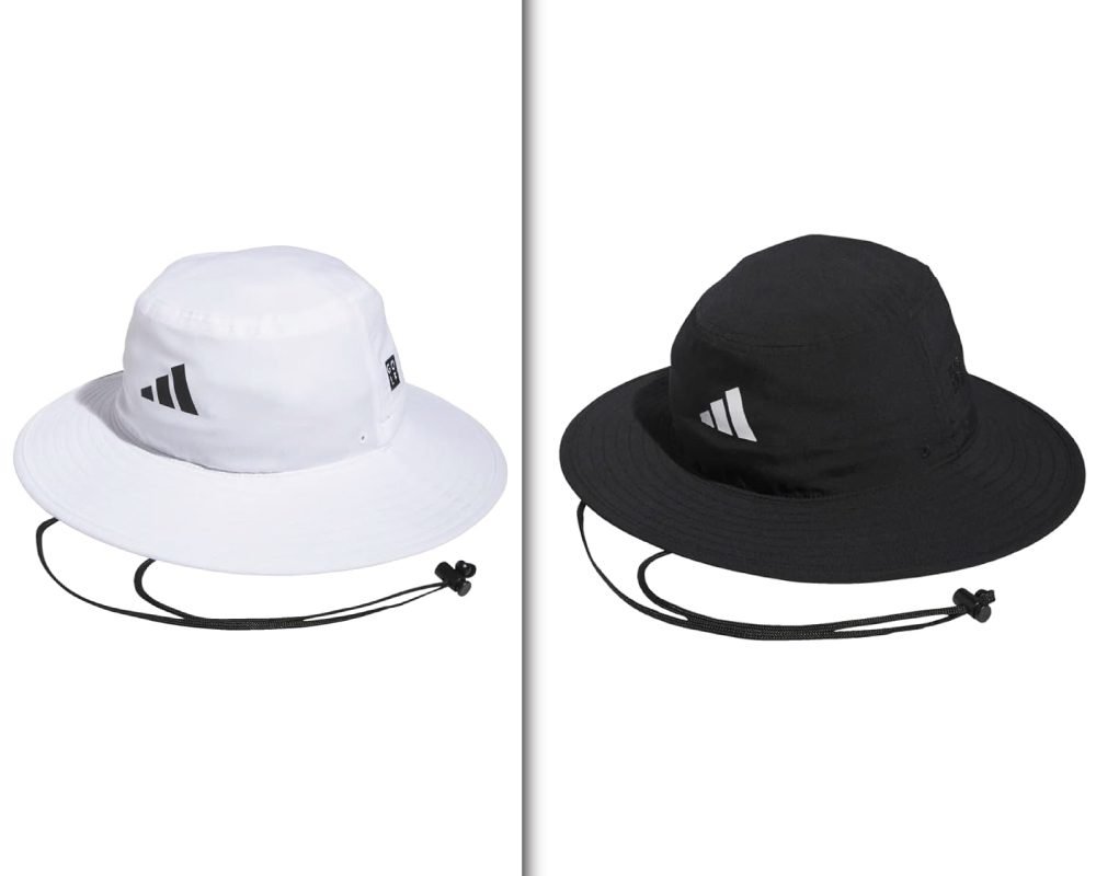 Two Adidas bucket hats, one white and one black, with an adjustable drawstring, designed for sun protection.