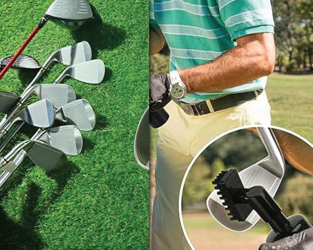 A portable golf club cleaning kit is shown in use, with a person cleaning their club on a green golf course, next to a set of irons and a wood.