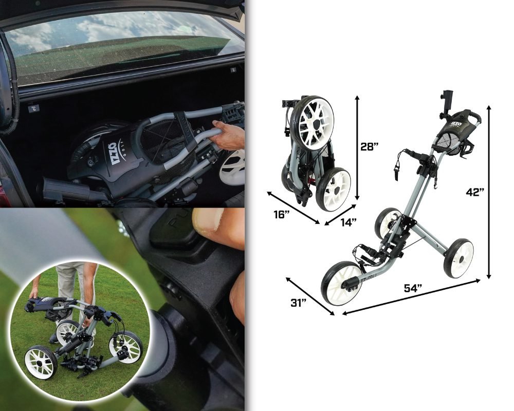 A compact folding golf cart is shown being stored in a car trunk and its dimensions are illustrated for both folded and unfolded states.