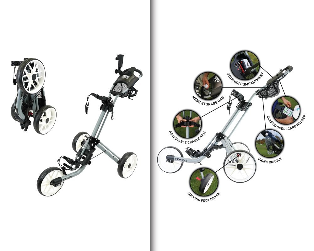 A gray folding golf cart with white wheels, shown both in its unfolded and folded state, with callouts highlighting its features like a storage compartment, drink holder, and foot brake.