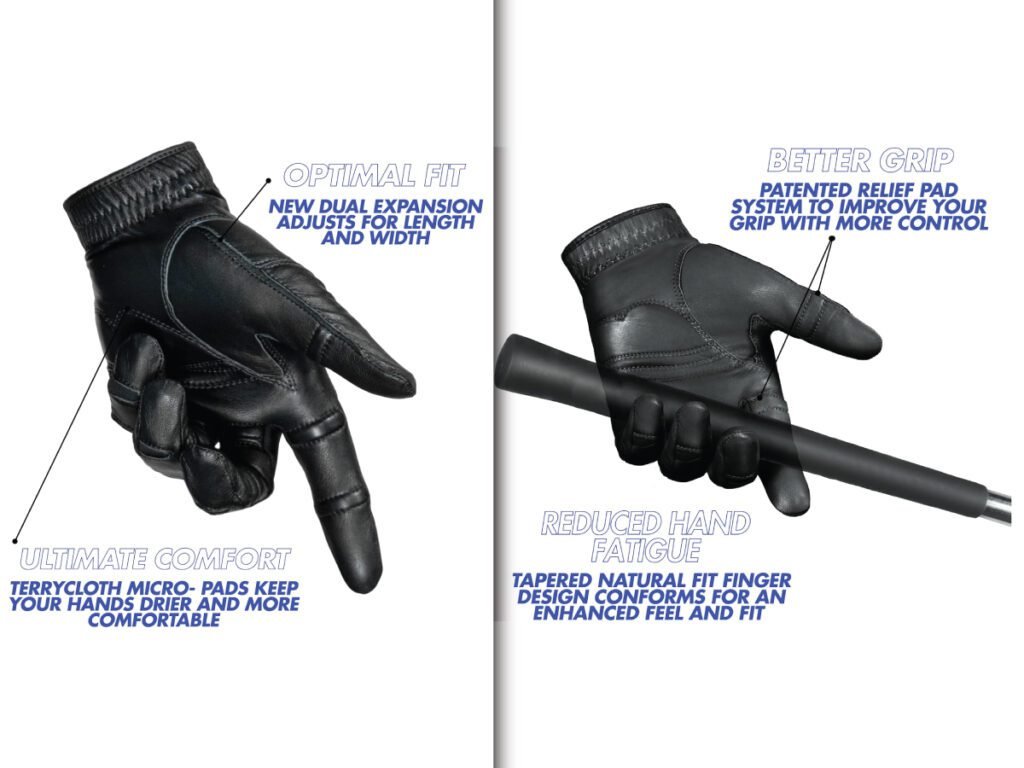 A black Bionic StableGrip golf glove for men shown from two angles, highlighting its features for optimal fit, comfort, and better grip. An excellent choice for a winter golf glove.