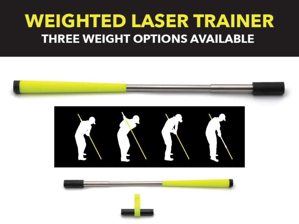 The Dude's Golf Swing training aid, a long, collapsible metal and yellow golf club with weights.