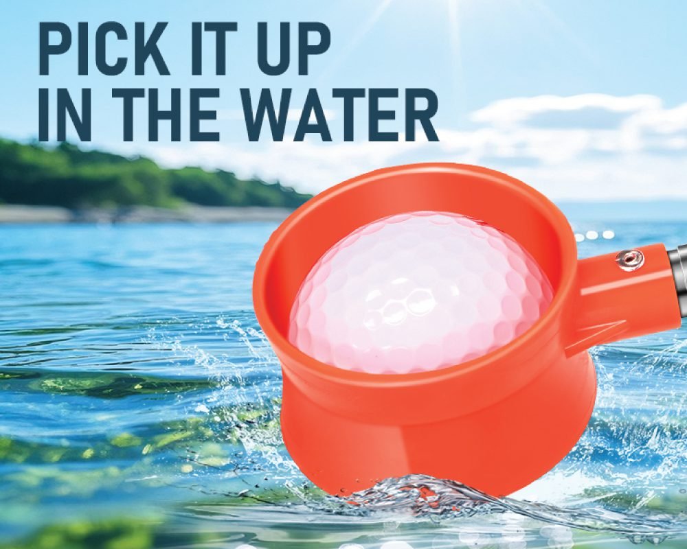  A collage of two images showing a golf ball retriever. One shows a yellow, lightweight golf ball retriever in a lake at a golf course, with the text Lightweight Golf Ball Retriever for Lakeside Parks. The other shows an orange retriever head lifting a golf ball from the water, with the text PICK IT UP IN THE WATER.