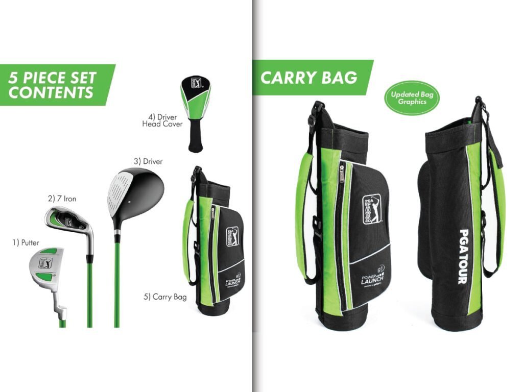 An infographic of a 5-piece youth golf club set for beginners, showing a putter, 7 iron, driver, driver head cover, and carry bag.