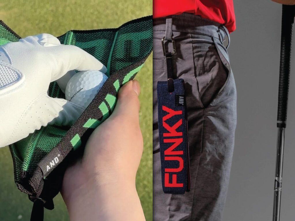 A split-image showing a hand holding a golf towel with a golf ball inside it, and a person with the golf towel clipped to their pants.