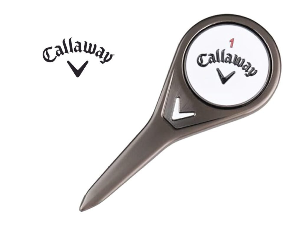 A Callaway branded golf divot tool with a removable ball marker, shown next to the Callaway logo.