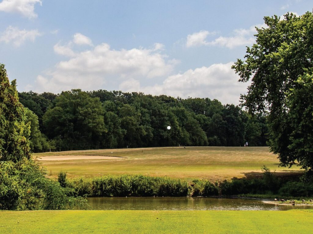  A scenic view of a golf course with a small lake in the foreground and a golf ball visible in the distance.