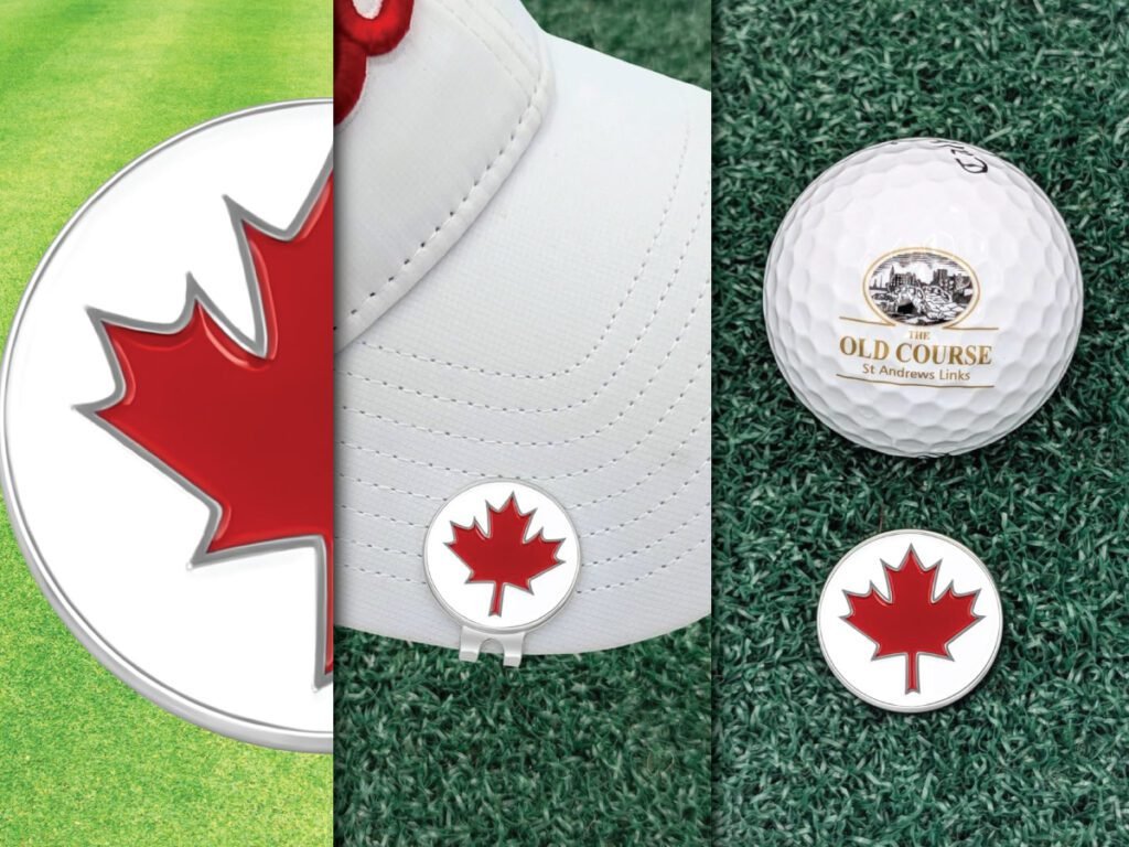 A three-panel image showing a Canadian maple leaf ball marker. The first panel shows a close-up, the second shows it attached to a golf hat clip, and the third shows it next to a golf ball on a green.