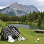 A collage of images shows a golfer in a scenic mountainous park and a golf rangefinder with its key features, including anti-shake technology and a rechargeable battery.