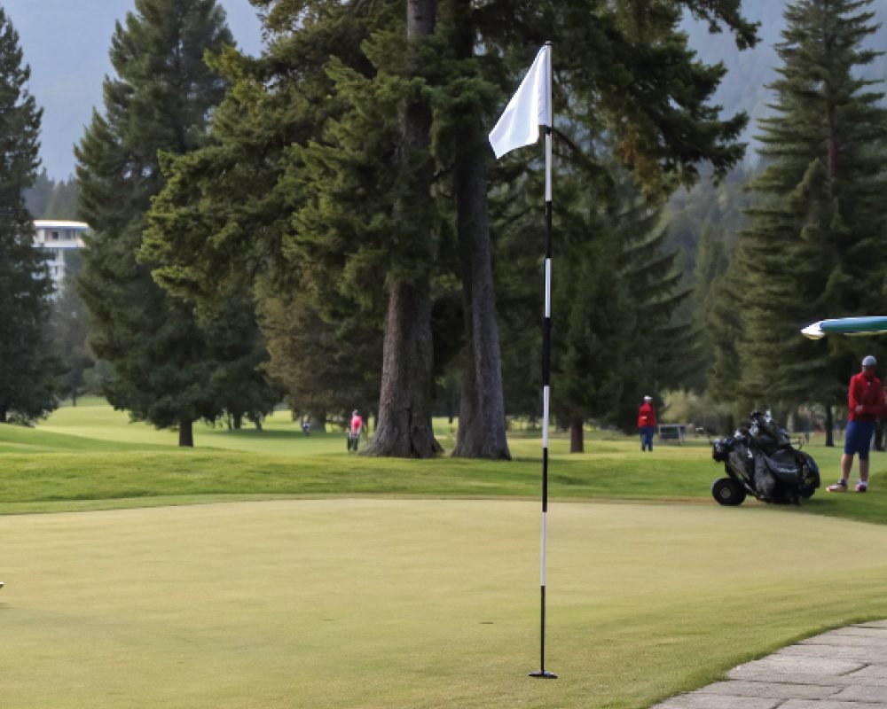 A collage of images related to golfing in Jasper National Park, showing a scenic mountain backdrop and a golf course with equipment.