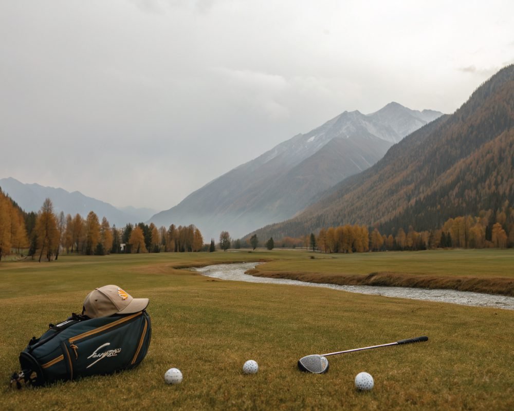 A collage of images related to golfing in Jasper National Park, showing a scenic mountain backdrop and a golf course with equipment.