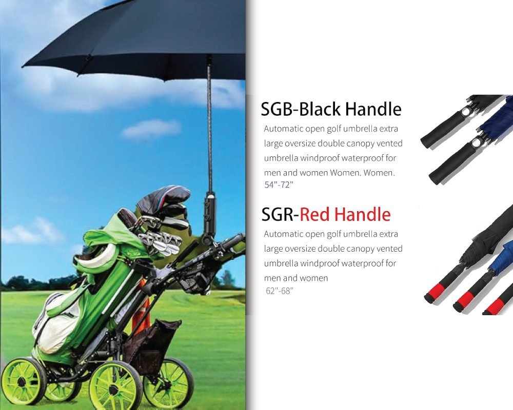  A collage of images shows a golf umbrella's features, including its windproof double-canopy design, and its use on a scenic park golf course.