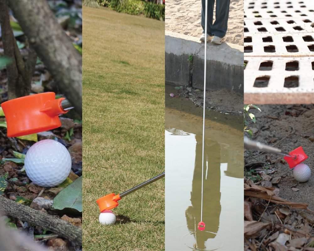  Collage of a yellow retriever in a lake, an orange retriever in water, retriever features (soft rubber grip, durable stainless steel), and the retriever used on different terrains.